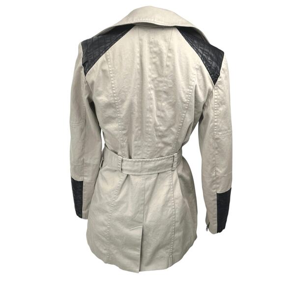 Guess Women's Tan Leather Trim Long Sleeve Zip Up Belted Trench Coat Jacket Sz S - Picture 2 of 5